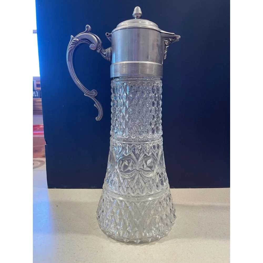 Vintage Crystal Claret Jug Ornate Silver Tone Lid Handle Diamond Cut Decanter